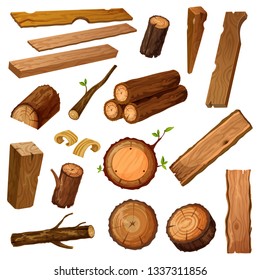 Set of isolated wood bark and tree log, brown timber trunk with wooden chips or flinders, stump or stub, textured stock of hardwood material. Firewood and crust, oak lumber and woodpile. Nature theme