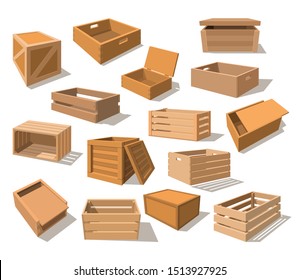 Set of isolated wooden packages or realistic wood boxes for cargo delivery. Mockup of opened parcel, closeup of lumber container for ship or store. Shipping and delivering, recycling material.