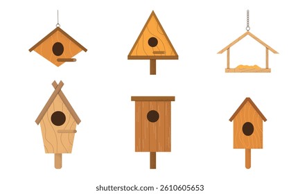 Set of isolated wooden rustic birdhouses of various shapes and feeder. Flat vector templates with grainy texture. Hand drawn style. Perfect for different spring or garden theme designs