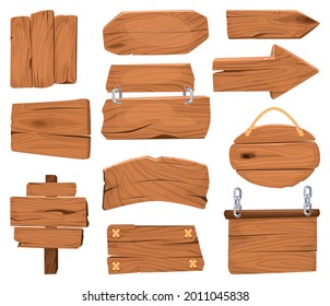 Set of isolated wooden sign boards with chains and arrows with bright text on blank background vector illustration