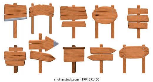 Set of isolated wooden signboards with wooden plates set on posts with directions and engraving text vector illustration