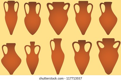 set isolated yellow antique amphora on white background