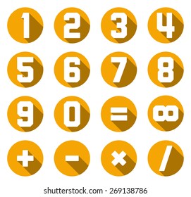 Set of isolated yellow flat numbers and math symbols