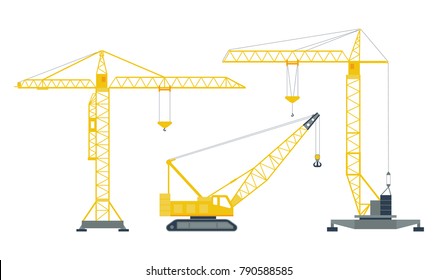 Set of isolated yellow hoisting cranes on white background. Collection of lifting cranes.