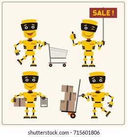 Set of isolated yellow Robot for design of Internet Shop and Trade: cart, sale, delivery, warehouse.
