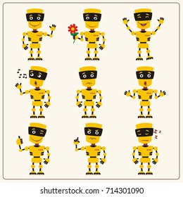 Set isolated yellow robot with different emotions in cartoon style.