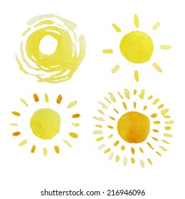 set of isolated yellow watercolor sun, vector