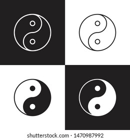 Set of isolated Yin Yang signs on black and white background. Esoteric symbol of harmony and balance. Feng shui. Simple flat design icon, logo. Print for poster, wallpaper. Simple, modern flat design.