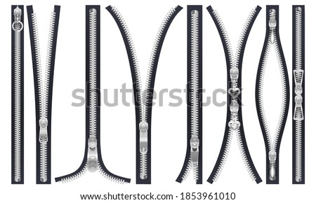 Set of isolated zipper with heart fastener or chrome puller. Realistic clothing zip icons. Jacket lock closed and half opened with double clasp. Unlocking and clothing, fashion and unzipped theme