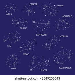 Set of isolated zodiac constellations with names, blue background. Mystical magical, esoteric boho design for fabric design, tarot, astrology, wrapping paper. Abstract decorative vector illustration