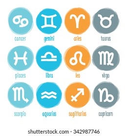 Set of isolated zodiac signs in a colored circles. Four elements: earth, water, fire, air. Aries, Taurus, Gemini, Cancer, Leo, Virgo, Libra, Scorpio, Sagittarius, Capricorn, Aquarius, Pisces