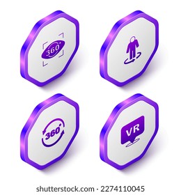 Set Isometric 360 degree view, 3d modeling,  and Virtual reality icon. Purple hexagon button. Vector