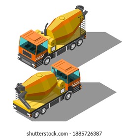 Set Isometric 3D Car Transport Concrete Mixer Element Vector Design Style