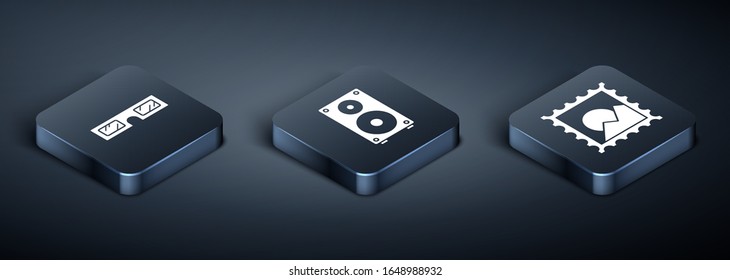 Setzen Sie eine ironische 3D-Kinoplattbrille, Bildlandschaft und Stereo-Lautsprechersymbol ein. Vektorillustration