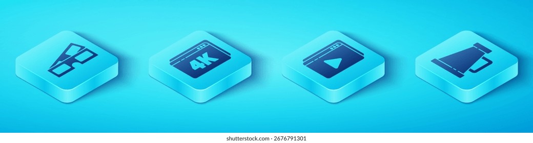 Set Isometric 3D cinema glasses, Online play video with 4k, Megaphone and Online play video icon. Vector