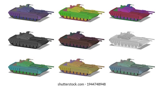Conjunto de concepto 3D isométrico del tanque de siete ruedas de doble cañón pesado en diferentes colores con sombras sobre fondo blanco