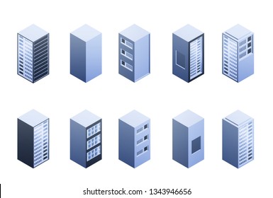 Set of isometric 3d data center, hosting or server boxes isolated on white background. Digital technology conceptual elements. Vector illustration.