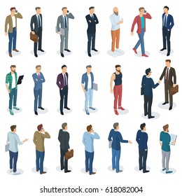 Set of isometric 3d flat design vector standing  men different characters, styles and professions. Front and back view, various characters, professions, poses and styles. Vector mock up element set.