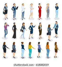 Set of isometric 3d flat design vector standing  women different characters, styles and professions. Front and back view, various characters, professions, poses and styles. Vector mock up element set.
