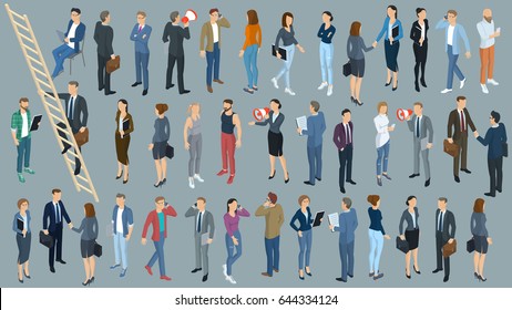 Set Of Isometric 3d Flat Design Vector Standing And Sitting People Different Characters, Styles And Professions. Isometric Acting Man Full Length Diverse Acting Poses Front And Back View Collection