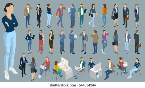 Set of isometric 3d flat design vector standing and sitting people different characters, styles and professions. Isometric acting man full length diverse acting poses front and back view collection