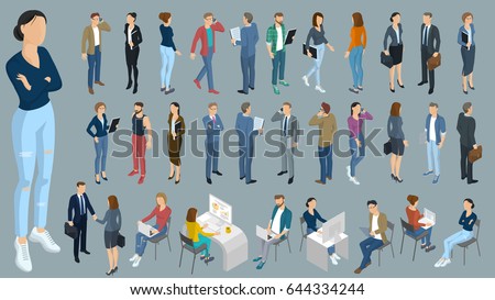Set of isometric 3d flat design vector standing and sitting people different characters, styles and professions. Isometric acting man full length diverse acting poses front and back view collection