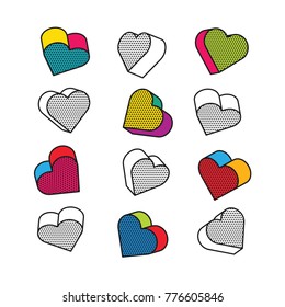 Set of isometric, 3d hearts in pop art style, vector illustration