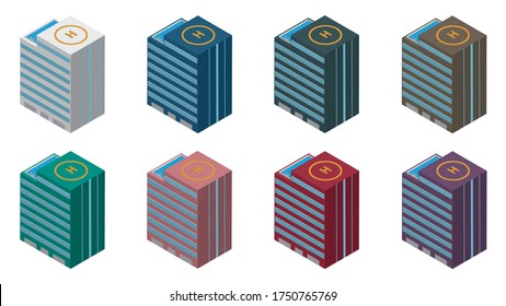 Hotel y complejo Isometric 3D con piscina y helipuerto. En un estilo de diseño moderno.