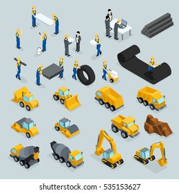 Set isometric 3D icons for construction workers, crane, machinery, power, transportation, clothing, buses on a gray background