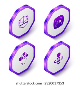 Set Isometric 3d modeling, Augmented reality AR, Virtual glasses and VR controller game icon. Purple hexagon button. Vector