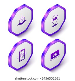 Set Isometric 3d modeling, Augmented reality AR,  and Virtual icon. Purple hexagon button. Vector