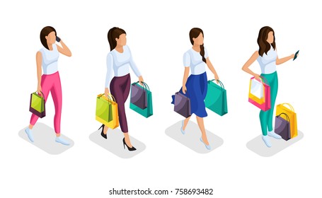 A Set Of Isometric 3d People Are Engaged In Holiday Shopping. Girls Buy Gifts With Bright Packages. Women In Different Poses In Colored Clothes.Vector Illustration.