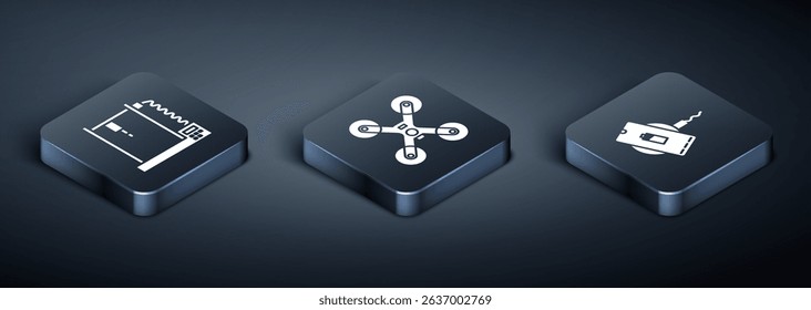 Set Isometric 3D printer, Wireless charger and Drone flying icon. Vector