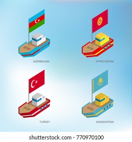 Set of isometric 3d ships with flags of Asian turk countries. Azerbaijan flag, Kyrgyzstan, Kazakhstan, Tatarstan. Sea transport icons for infographics. Baku city caspian sea
