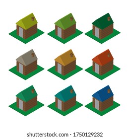 Set of Isometric 3D small wooden house with a smokestack on the top and wooden texture, there are a variety of colors.