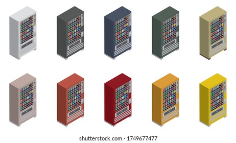 Set Of Isometric 3D Smart Vending Machine With QR Code Payment System And There Are A Variety Of Colors.