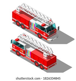 Set Isometric 3D Transport Car Fire Engine Element Vector Design Style