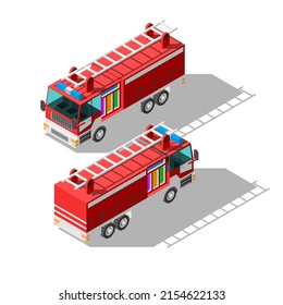 Set Isometric 3D Transport Car Fire Engine Element Vector Design Style