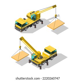 Set Isometric 3D Transport Car Vehicle Lifting Crane Lifts A Load Element Working Technique Construction Vector Design Style