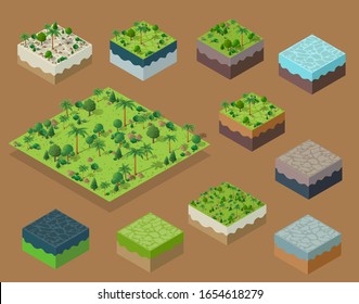 Set Isometric 3d trees forest nature elements white background for landscape design. Vector illustration isolated. Icons for city maps, games