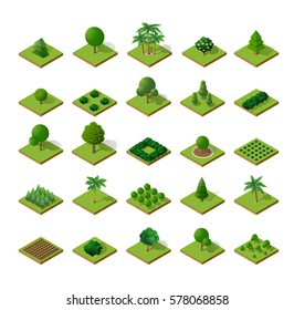 Set Isometric 3d trees forest  nature elements white background for landscape design. Vector illustration isolated. Icons for city maps, games 