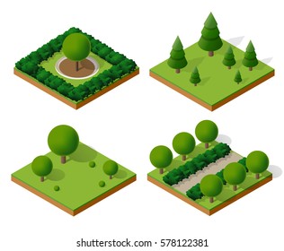 Set Isometric 3d trees forest  nature elements white background for landscape design. Vector illustration isolated. Icons for city maps, games and your town