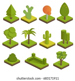 Set Isometric 3d Trees.Big And Small Trees,bush,palm Tree,cactus,spruce.Vector Icons For Isometric Maps, Games And Your Design.