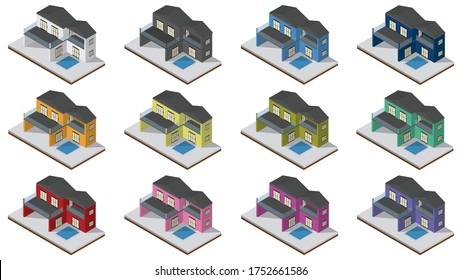 Set of Isometric 3D Two story house with a pool, parking place. And has a variety of colors as well.
