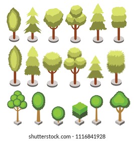Set isometric 3d various shape trees isolated. Vector isometric tree icons for isometric maps, games design. City constructor set.