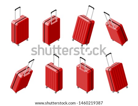 Set of isometric 3D view business travel hand bag luggage suitcase. Red isolated vector baggage collection on white background.