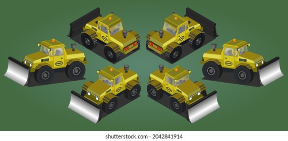 Set of isometric 3D yellow tractor with blade, transparent windows and orange flashing light in six projections