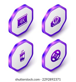Set Isometric 4k movie, Cinema ticket, Paper glass with water and Film reel icon. Purple hexagon button. Vector