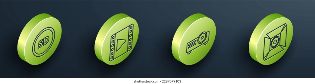 Establezca la realidad virtual Isometric 5d, Reproducir vídeo, película, película, proyector de medios e icono de foco de película. Vector
