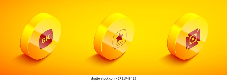Conjunto Isometric 8k Ultra HD, estrella del Paseo de la fama e icono de foco de película. Vector